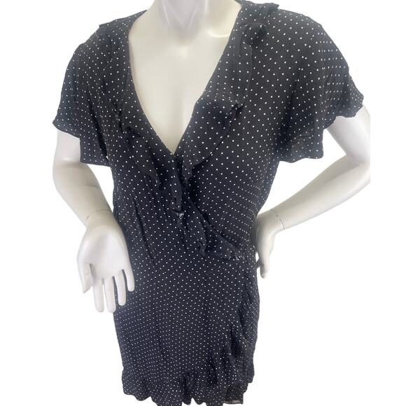 Who What Wear Womens V Neck Black White Polka Dot Ruffle Wrap Dress SS Size S - Picture 2 of 12